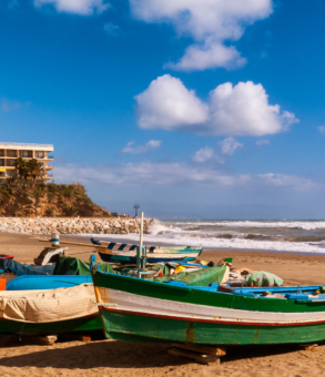 Traditional wooden fishing boats on a Costa del Sol beach