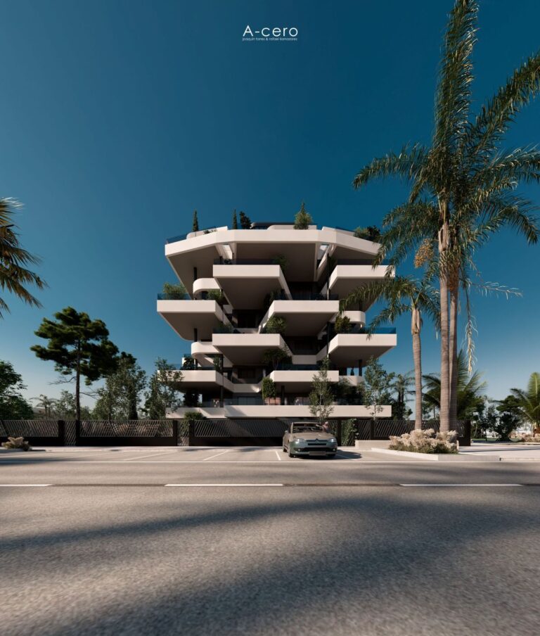 Modern apartment building with wide curved terraces