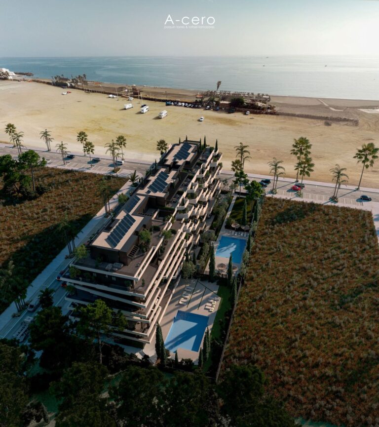 Aerial view of the building with communal pool and gardens