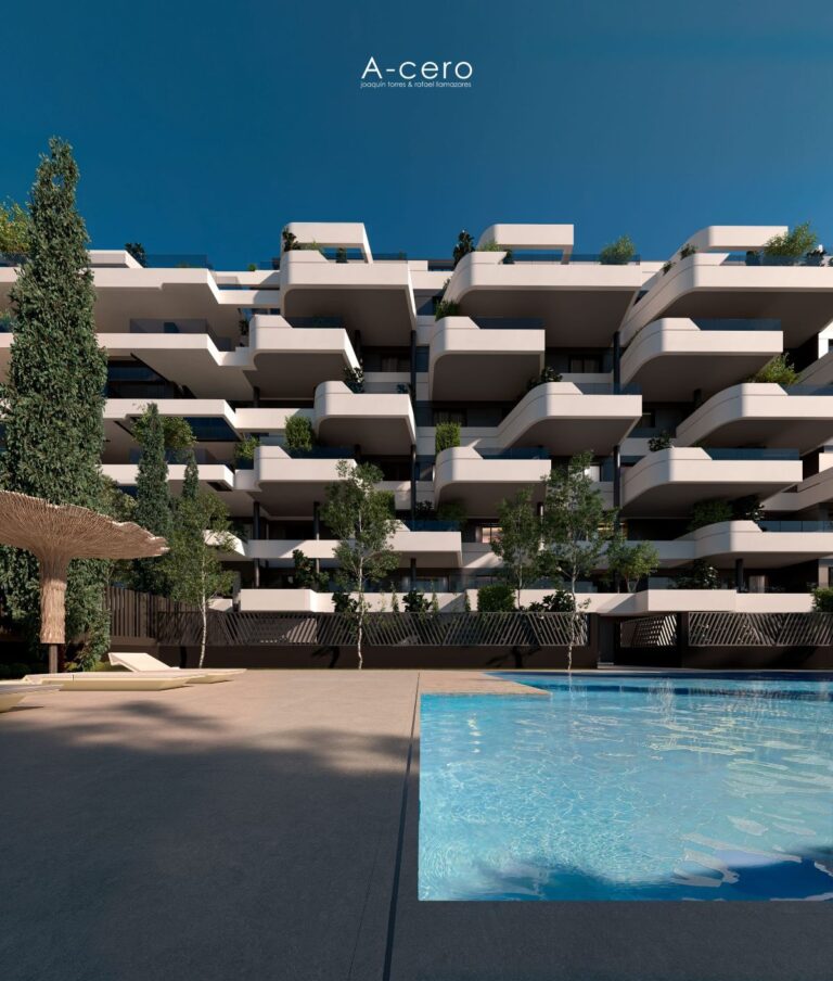 Communal swimming pool surrounded by the terraced building
