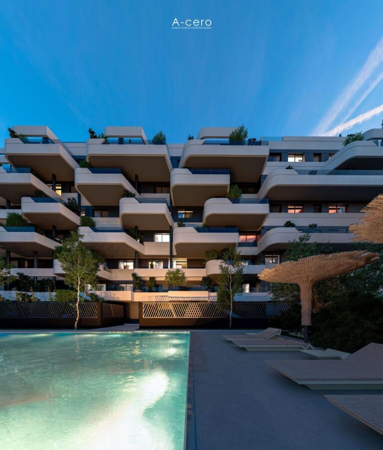 Communal pool area at sunset