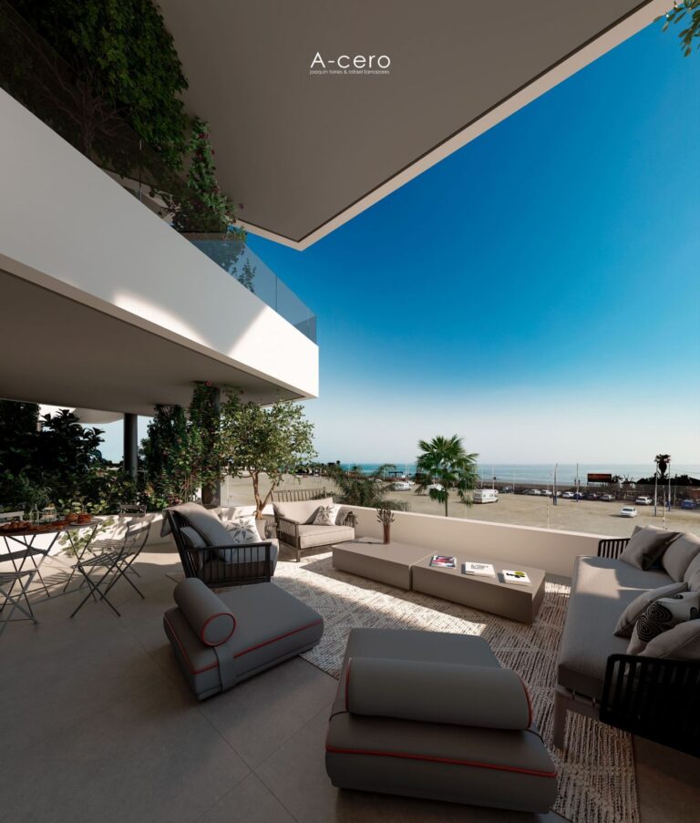 Covered terrace with outdoor sofa and sea view