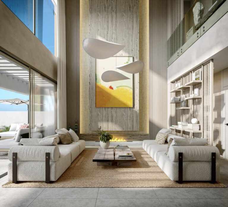 Living room with fireplace and double-height ceiling