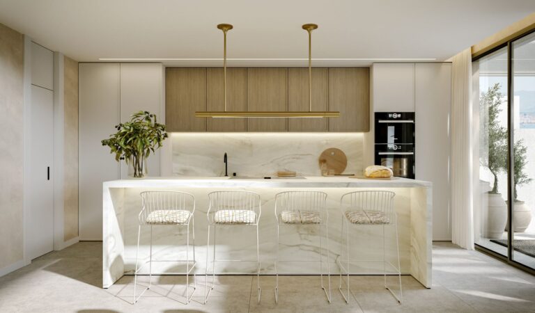 Kitchen island with bar stools