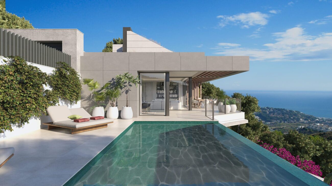 Villa pool terrace with views over Málaga and the sea