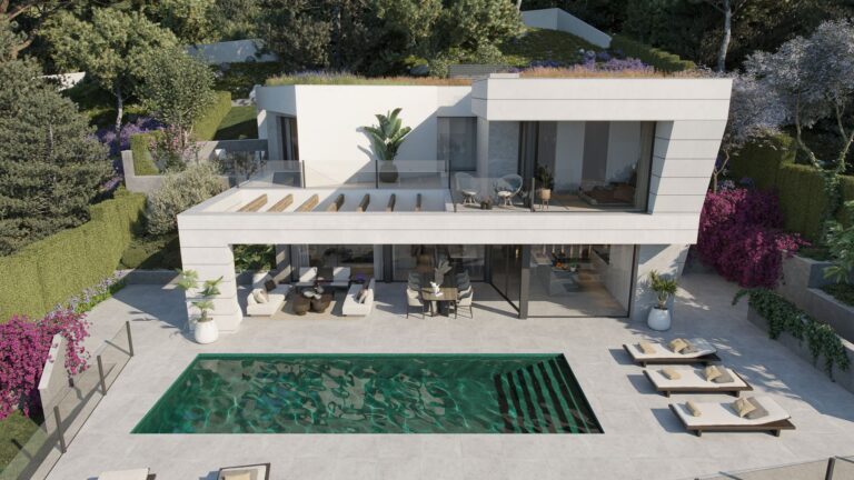 Villa facade with swimming pool and sun loungers