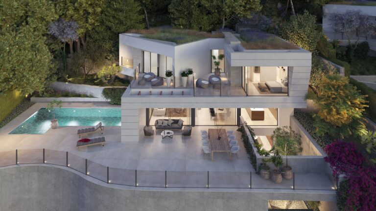 Villa terraces and pool seen from above