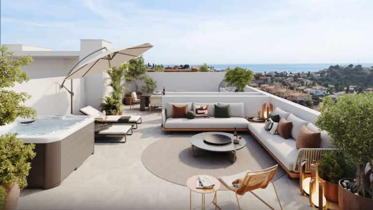 Private roof terrace with hot tub, lounge sofa and sea views