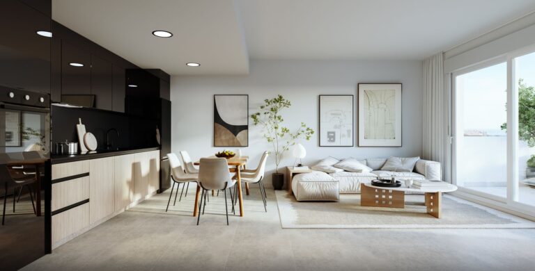 Open-plan kitchen, dining and living area