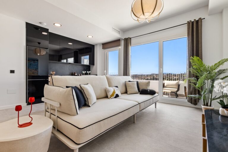 Show apartment lounge with large windows